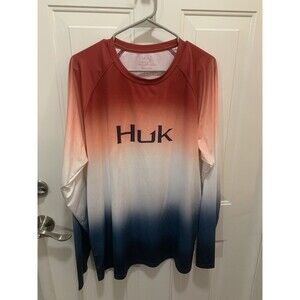 Huk Men’s Fishing Shirt In Orange white and blue Color Block. Size XL. B40￼